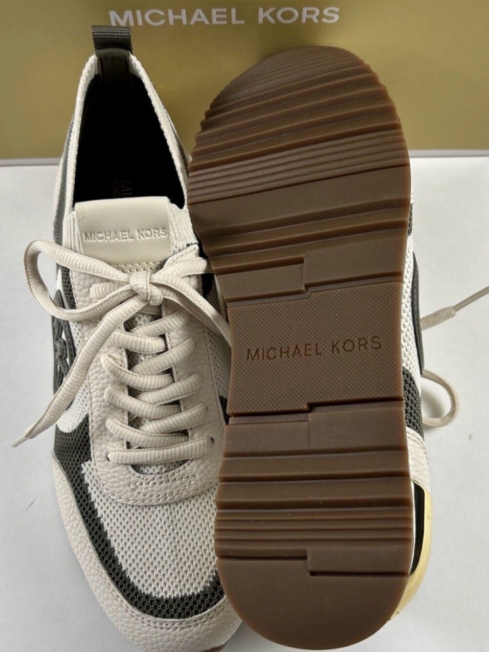 Michael Kors Cream and Olive Knit Lace-Up Sneakers